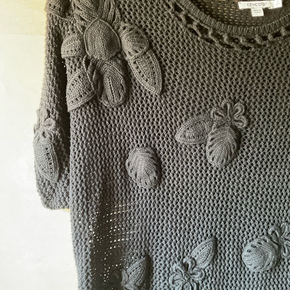 Chico's Black Knit Top with Floral Detail. Size L. - Picture 3 of 9